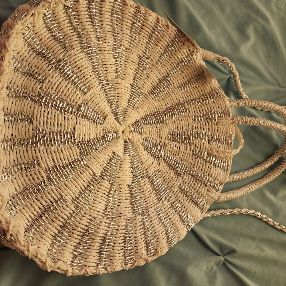 Mud Pie Tan and Silver Woven Tote Bag